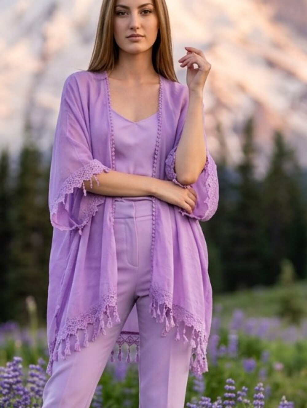 Women's CASLON Lilac Purple Fringe Sheer Lightweight One Size Kimono Beach Wrap